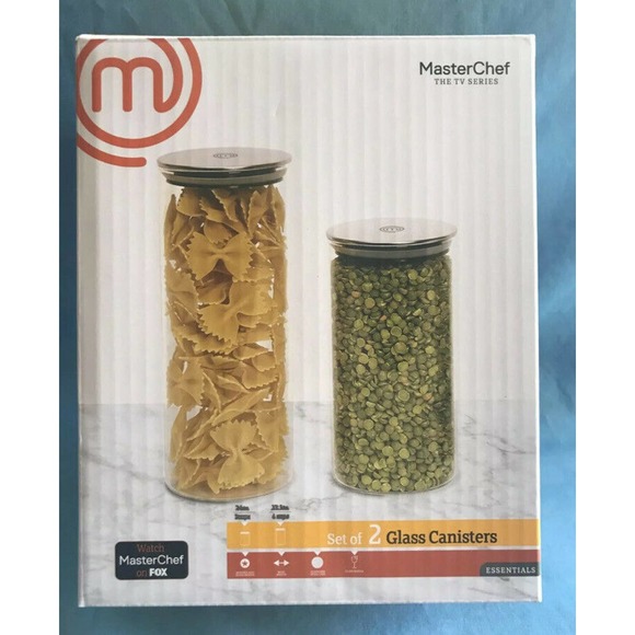 Set of 2 Clear Glass Master Chef Canisters Sealing Stainless Lids 6.5” & 8.5” - Picture 6 of 9